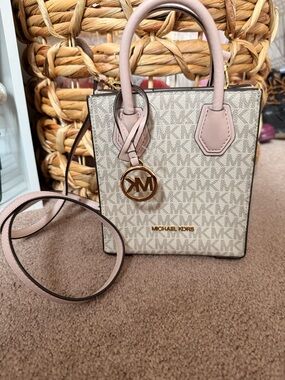 NWOT Michael Kors Pink and Vanilla MK Logo Satchel with Gold Hardware